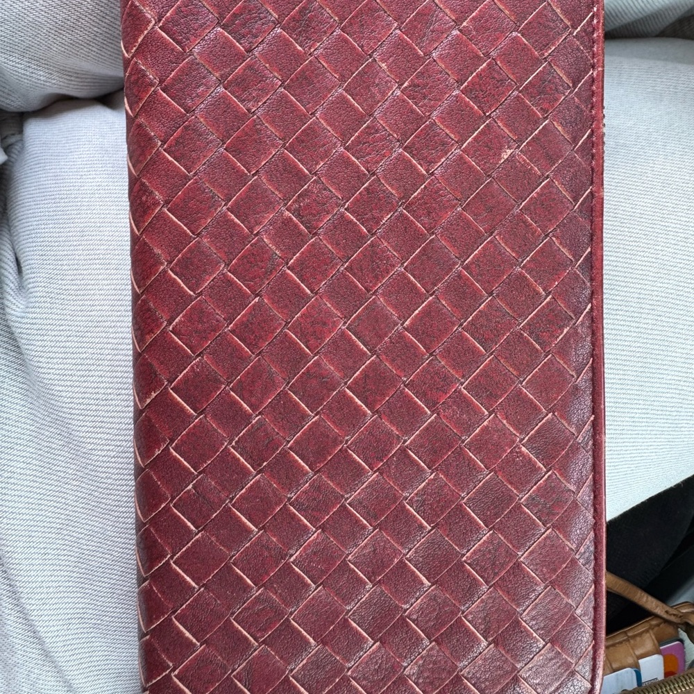 Bottega Veneta Woven Leather Key & Card Holder in Deep Burgundy